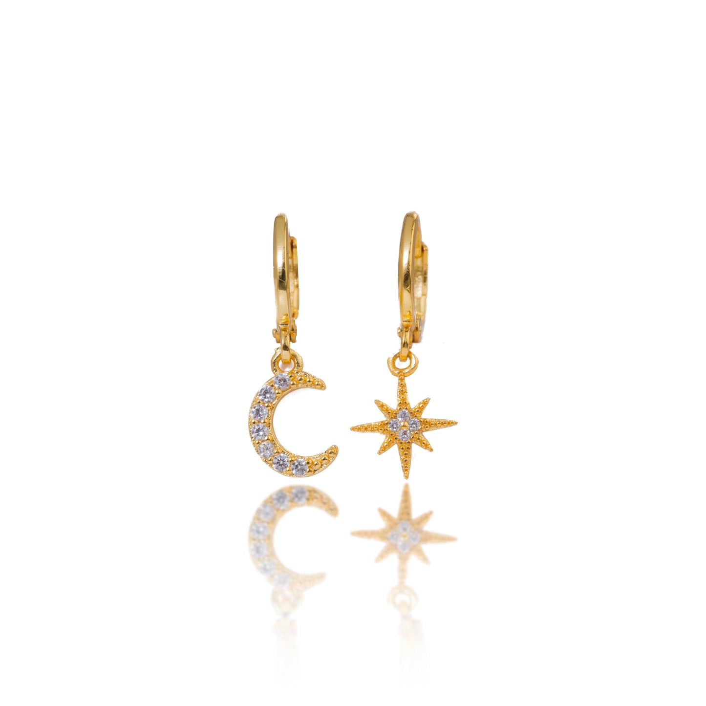 Gold Crystal Star Moon Hoop Earrings