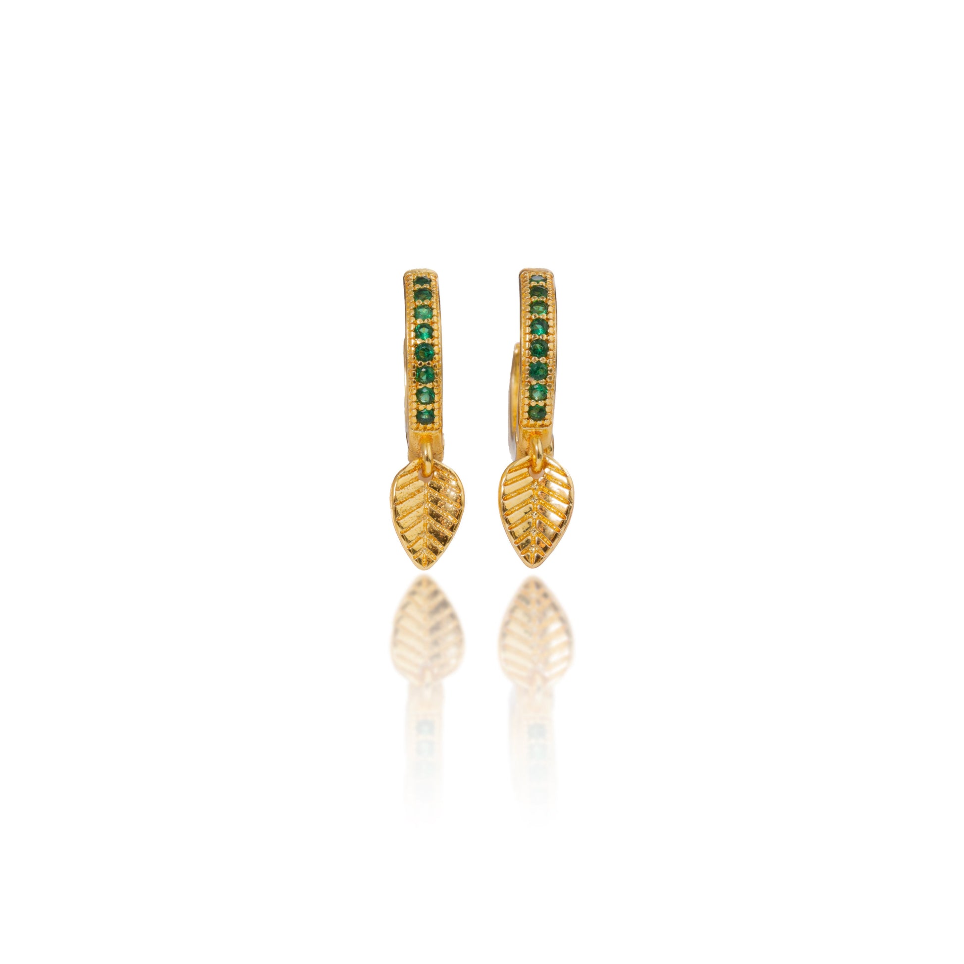 Gold Crystal Green Feather Hoop Earrings