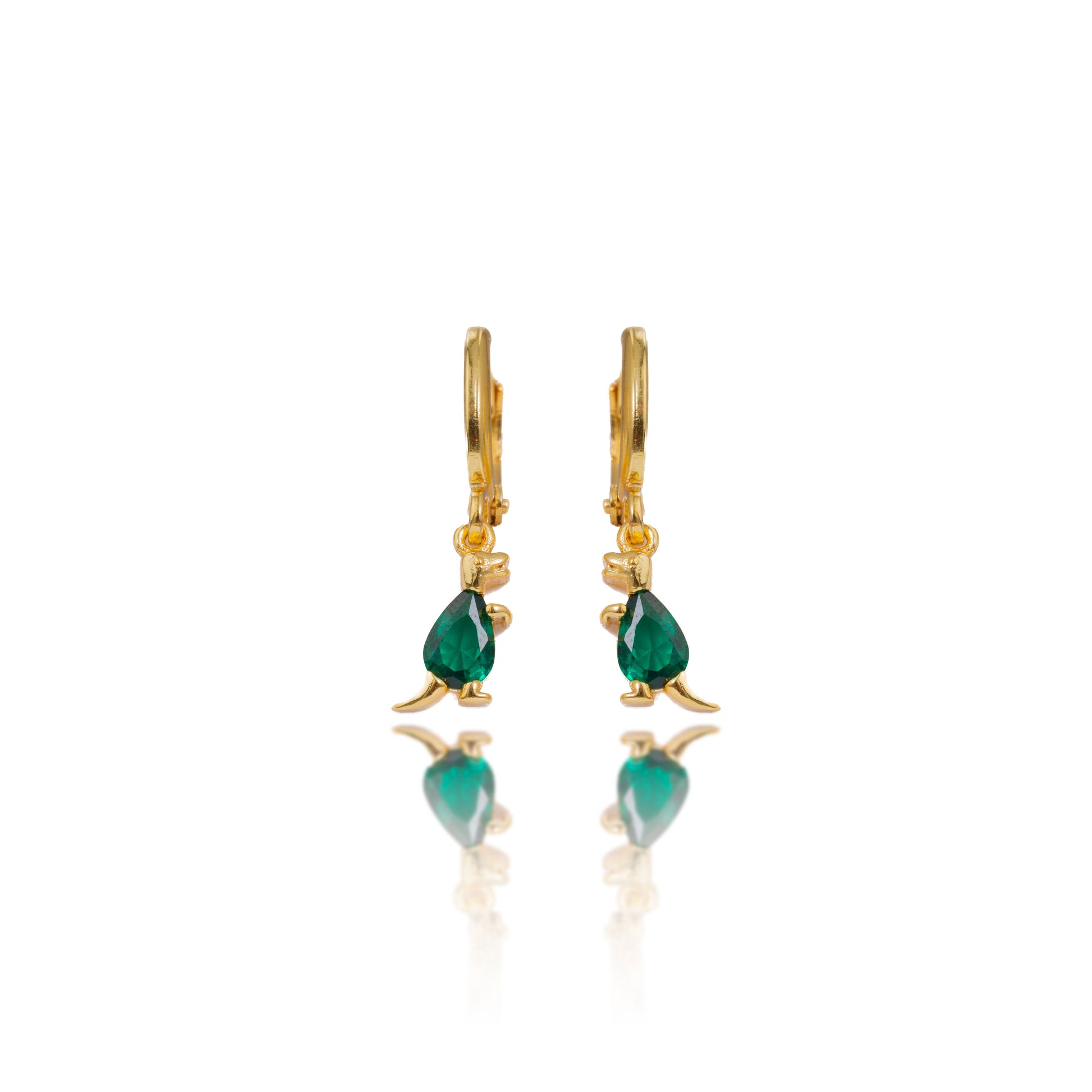 Gold Green Crystal Dinosaur Hoop Earrings