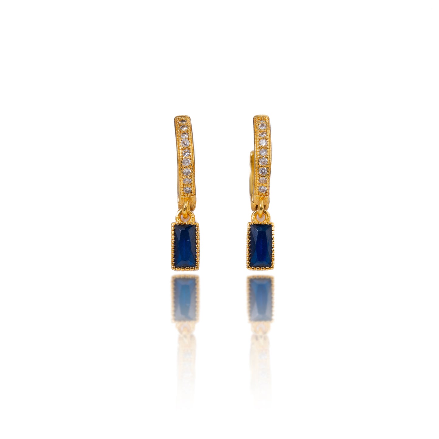 Gold Blue Crystal Rectangle Hoop Earrings