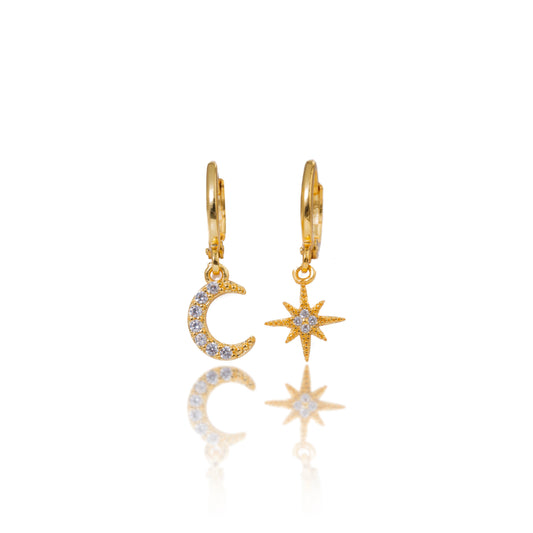 Gold Crystal Star Moon Hoop Earrings