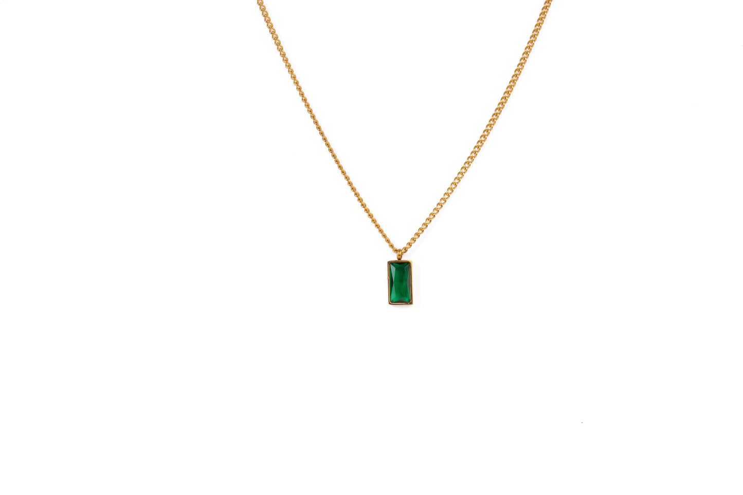 Gold Green Rectangle Gem Pendant Necklace