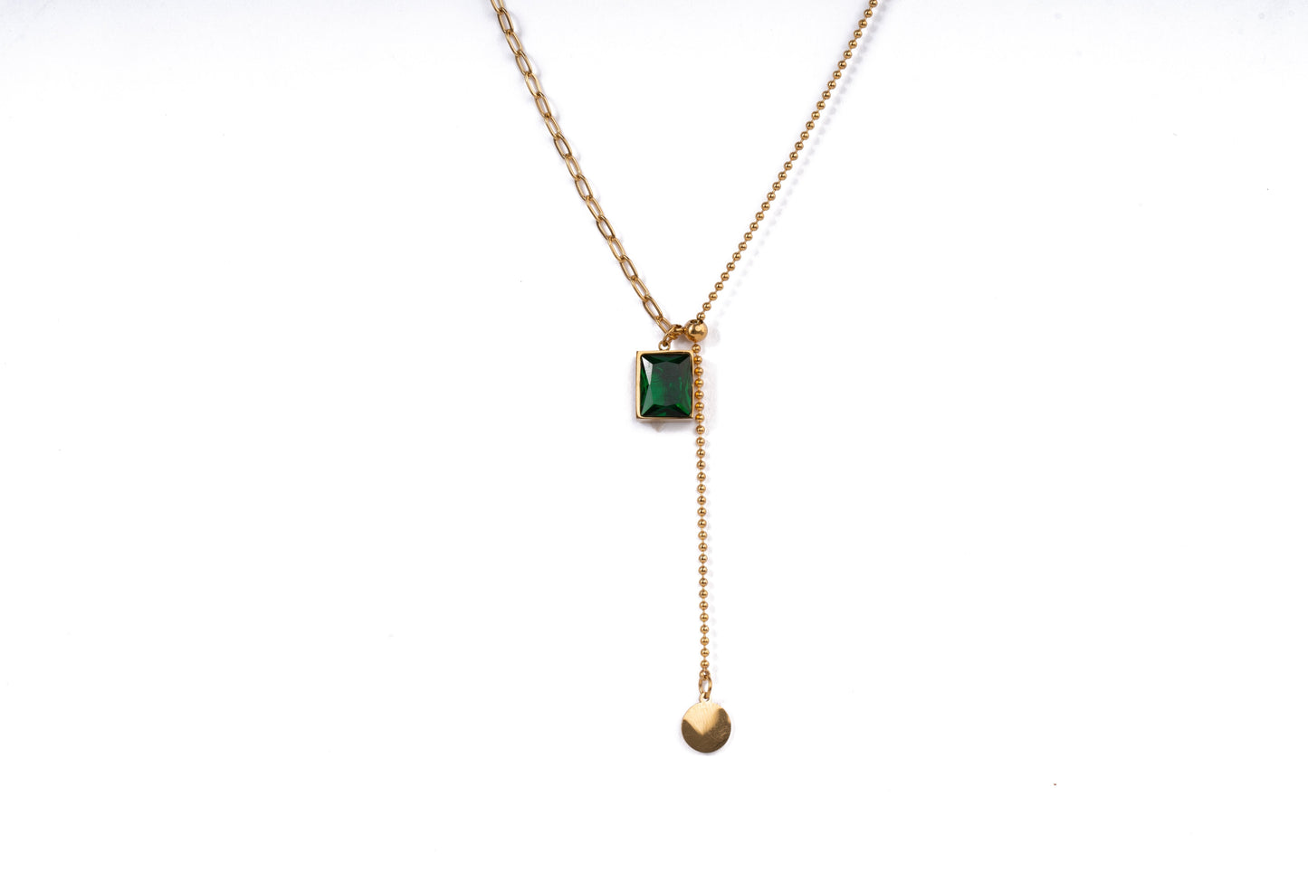 Gold Green Gem with Drop Pendant Necklace