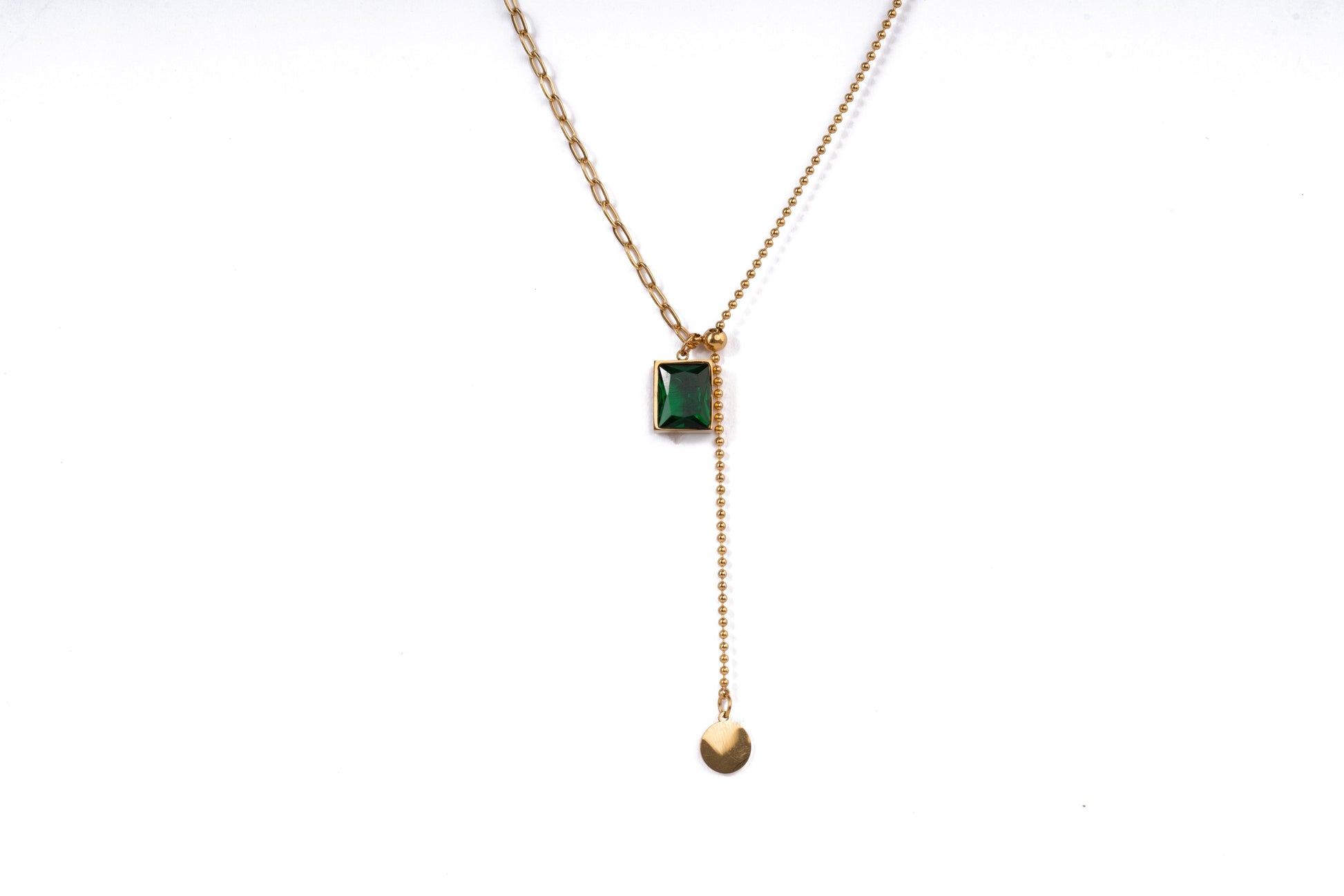 Gold Green Gem with Drop Pendant Necklace