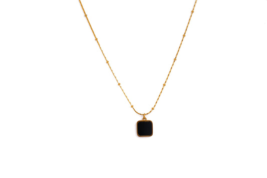 Gold Square Black Enamel Pendant Necklace